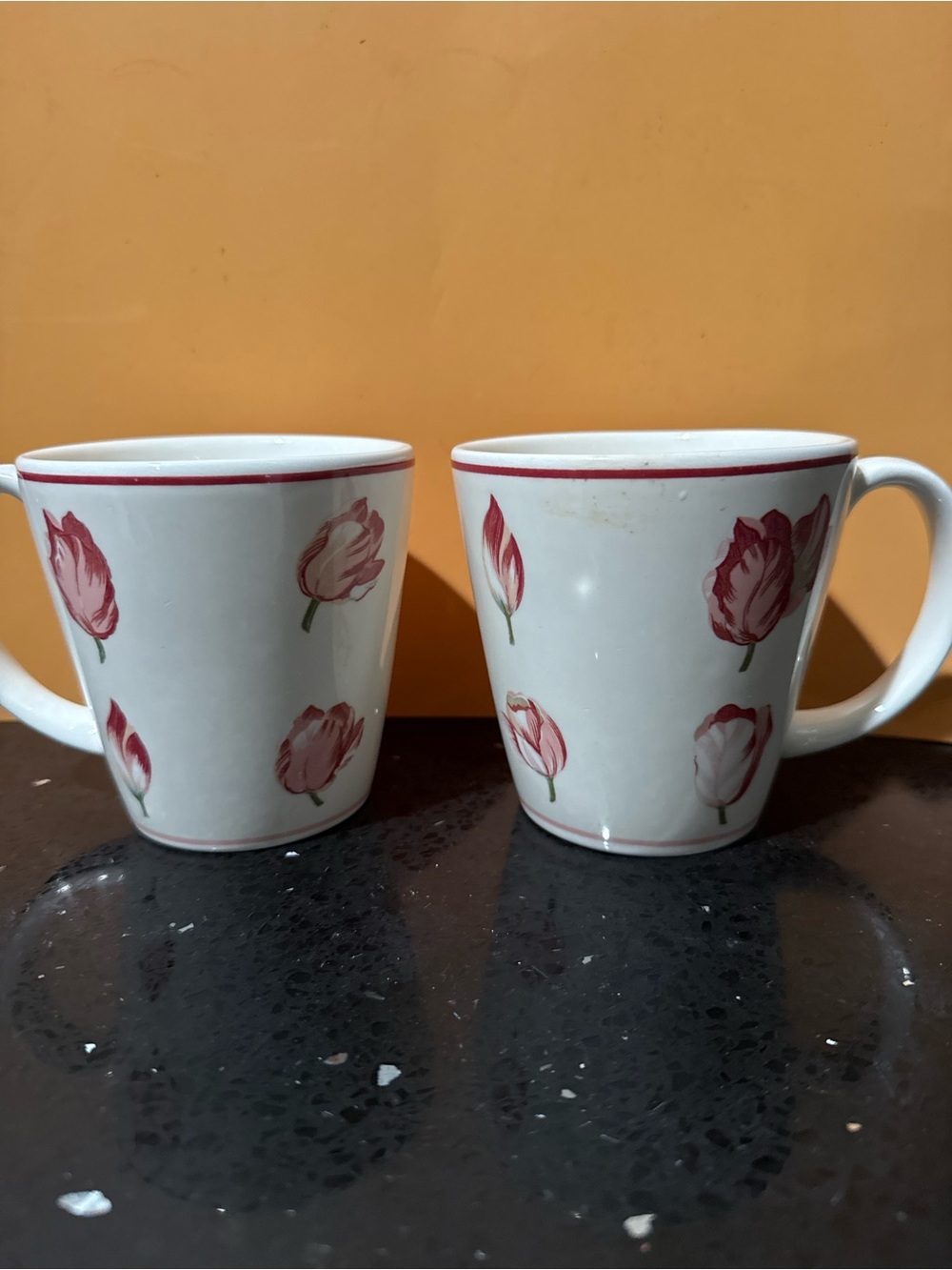 Waverly White Ceramic Mugs with Red Tulip Motif
